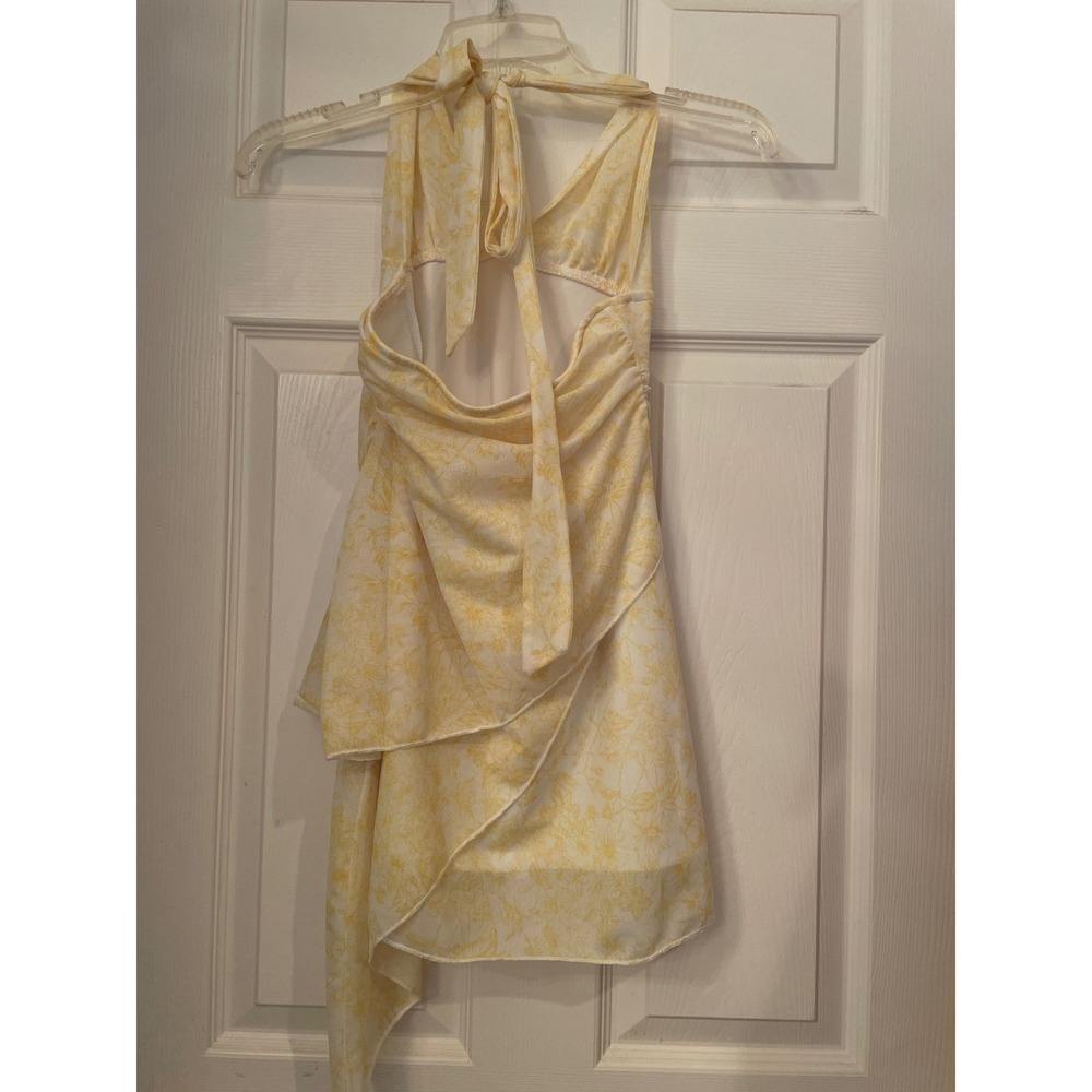 Floral Mesh Halter Top Yellow Ruched Asymmetrical XS Flowy Feminine Tiered - Picture 2 of 4